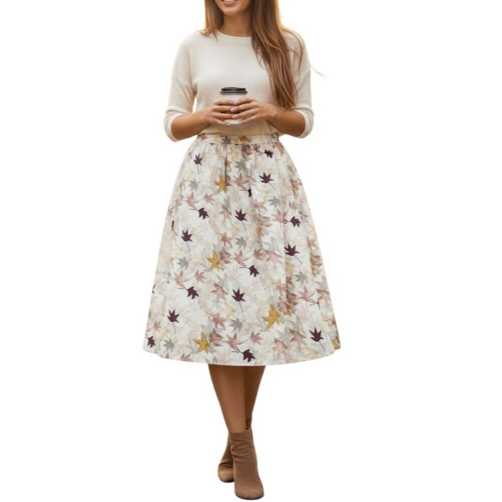 Vintage Jessica Tierney Skirt Womens 20W Beige Leaf Print Cottagecore Maxi
